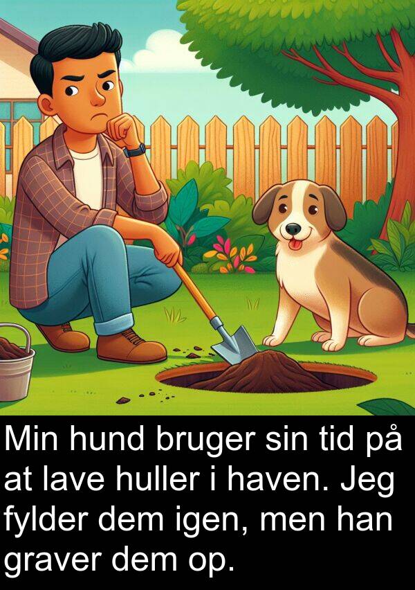 haven: Min hund bruger sin tid på at lave huller i haven. Jeg fylder dem igen, men han graver dem op.