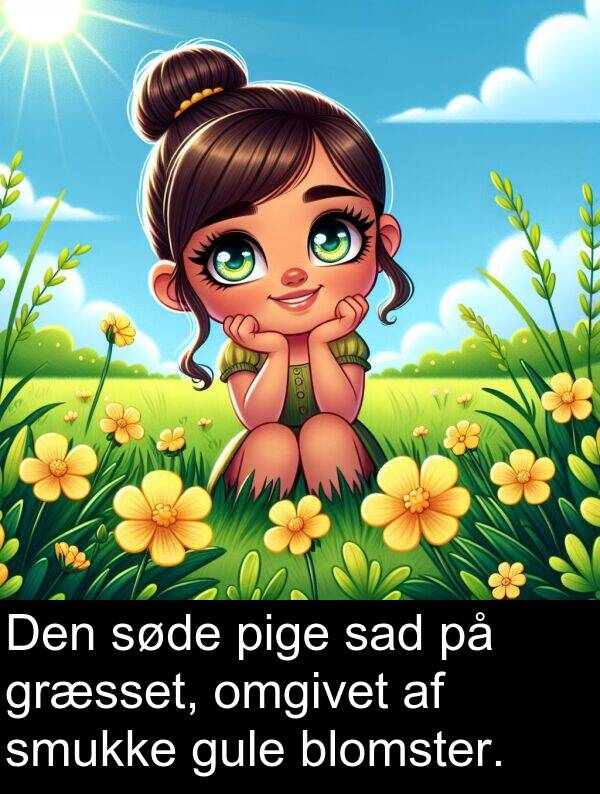 græsset: Den søde pige sad på græsset, omgivet af smukke gule blomster.