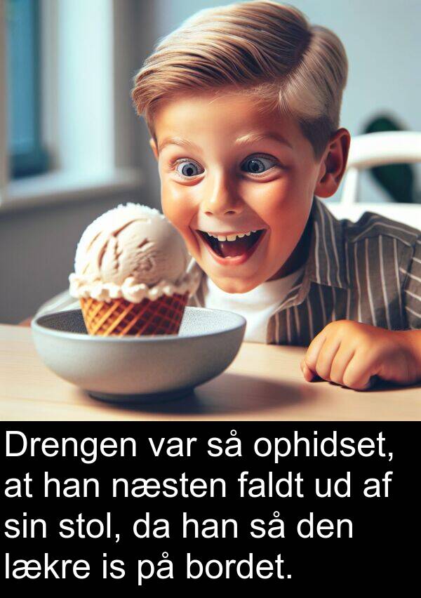 bordet: Drengen var så ophidset, at han næsten faldt ud af sin stol, da han så den lækre is på bordet.