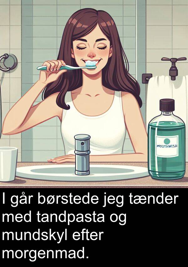 mundskyl: I går børstede jeg tænder med tandpasta og mundskyl efter morgenmad.