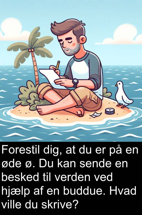 øde: Forestil dig, at du er på en øde ø. Du kan sende en besked til verden ved hjælp af en buddue. Hvad ville du skrive?
