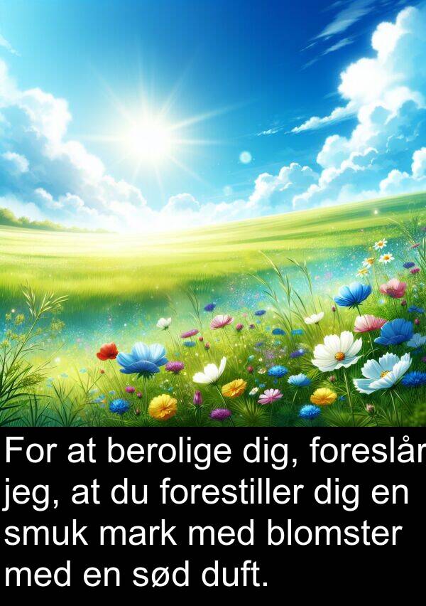 mark: For at berolige dig, foreslår jeg, at du forestiller dig en smuk mark med blomster med en sød duft.