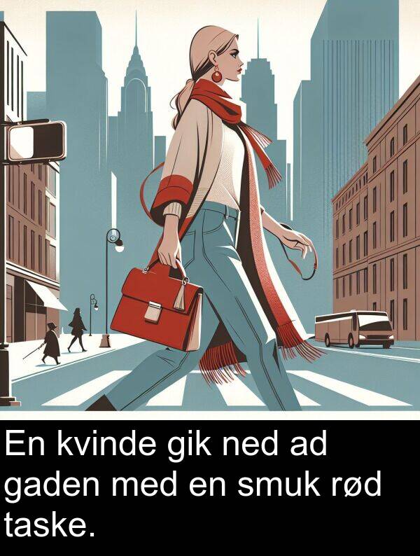 kvinde: En kvinde gik ned ad gaden med en smuk rød taske.
