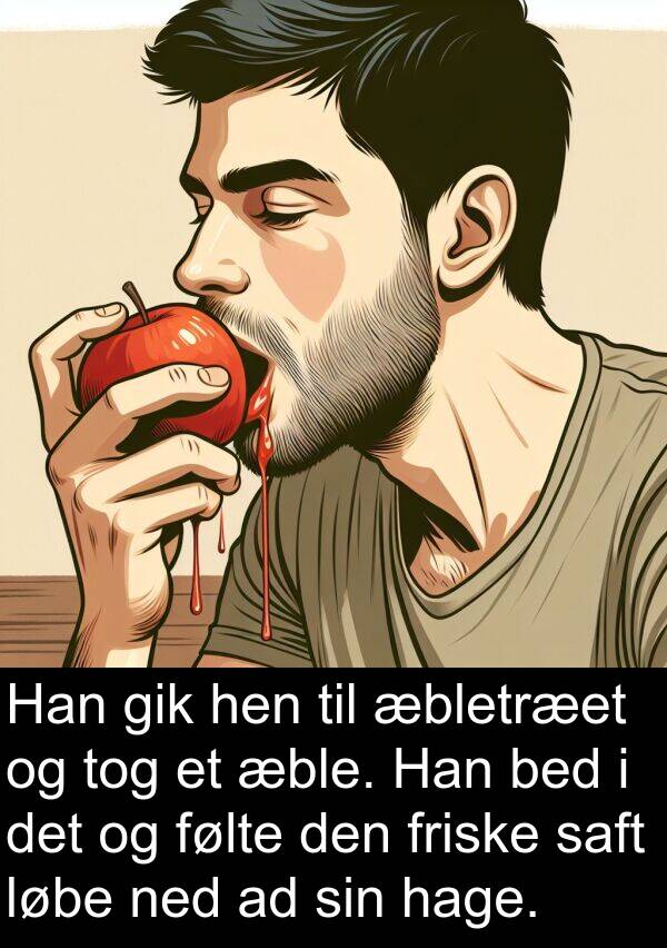 hage: Han gik hen til æbletræet og tog et æble. Han bed i det og følte den friske saft løbe ned ad sin hage.