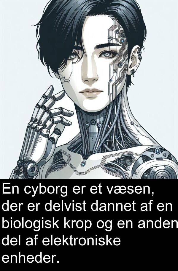 krop: En cyborg er et væsen, der er delvist dannet af en biologisk krop og en anden del af elektroniske enheder.