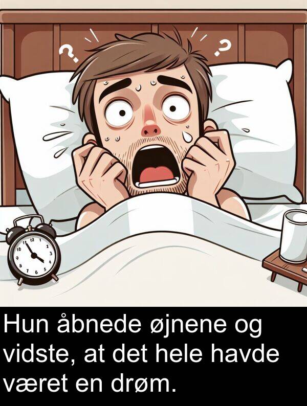 åbnede: Hun åbnede øjnene og vidste, at det hele havde været en drøm.