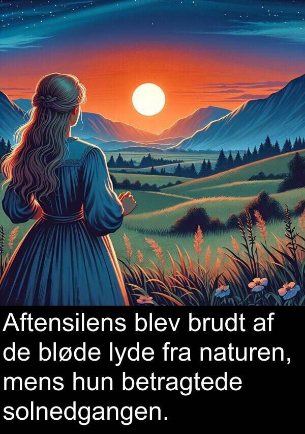 naturen: Aftensilens blev brudt af de bløde lyde fra naturen, mens hun betragtede solnedgangen.