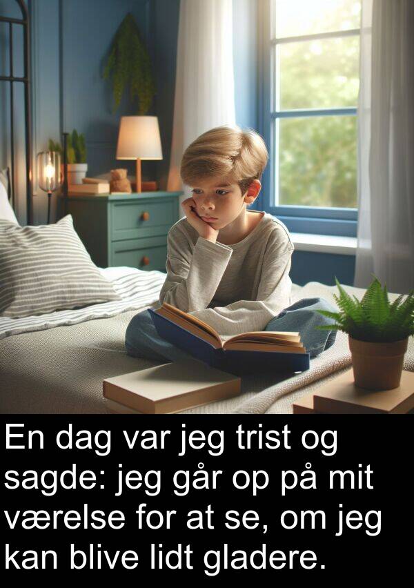 værelse: En dag var jeg trist og sagde: jeg går op på mit værelse for at se, om jeg kan blive lidt gladere.