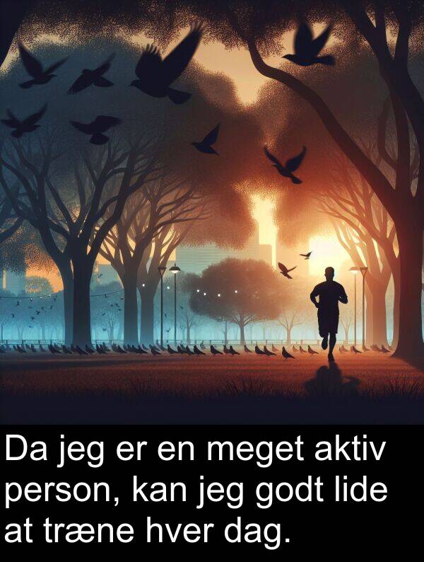 hver: Da jeg er en meget aktiv person, kan jeg godt lide at træne hver dag.
