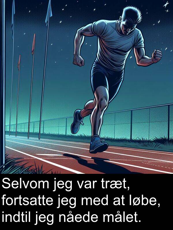 målet: Selvom jeg var træt, fortsatte jeg med at løbe, indtil jeg nåede målet.