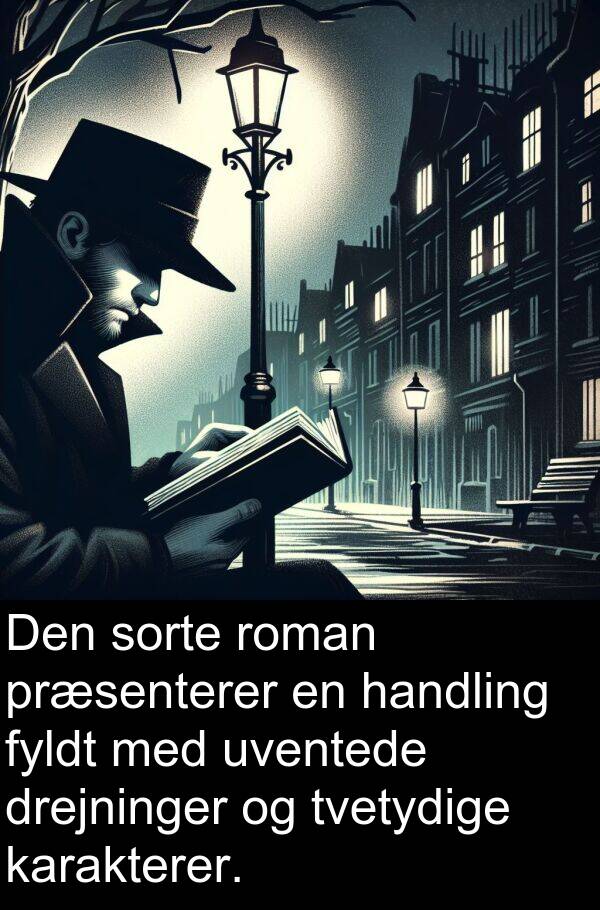 handling: Den sorte roman præsenterer en handling fyldt med uventede drejninger og tvetydige karakterer.