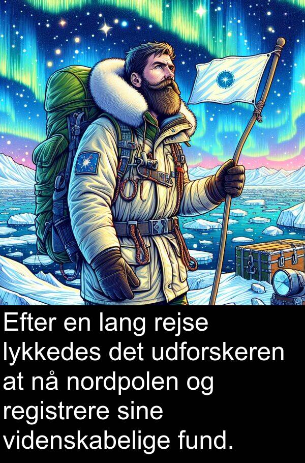 lykkedes: Efter en lang rejse lykkedes det udforskeren at nå nordpolen og registrere sine videnskabelige fund.