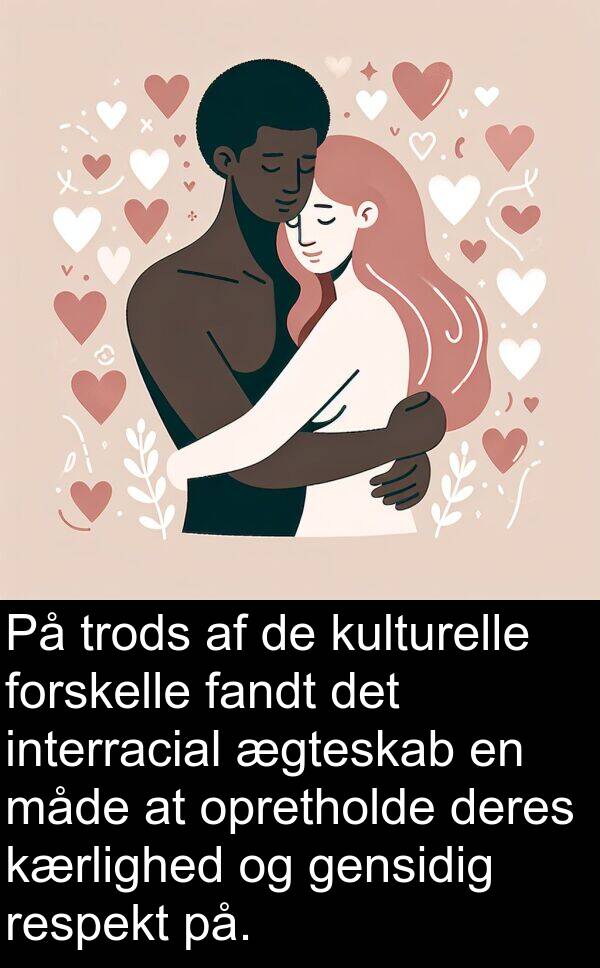 kulturelle: På trods af de kulturelle forskelle fandt det interracial ægteskab en måde at opretholde deres kærlighed og gensidig respekt på.