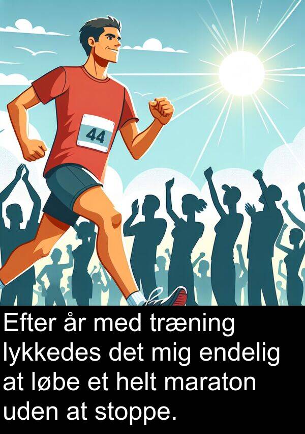 lykkedes: Efter år med træning lykkedes det mig endelig at løbe et helt maraton uden at stoppe.
