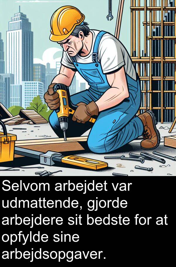 udmattende: Selvom arbejdet var udmattende, gjorde arbejdere sit bedste for at opfylde sine arbejdsopgaver.