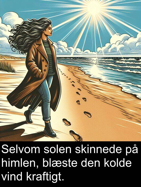 vind: Selvom solen skinnede på himlen, blæste den kolde vind kraftigt.