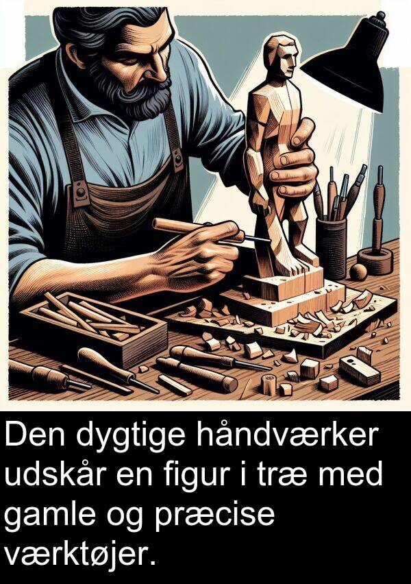 værktøjer: Den dygtige håndværker udskår en figur i træ med gamle og præcise værktøjer.