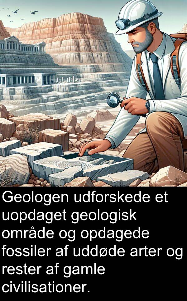 geologisk: Geologen udforskede et uopdaget geologisk område og opdagede fossiler af uddøde arter og rester af gamle civilisationer.