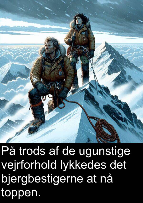 lykkedes: På trods af de ugunstige vejrforhold lykkedes det bjergbestigerne at nå toppen.