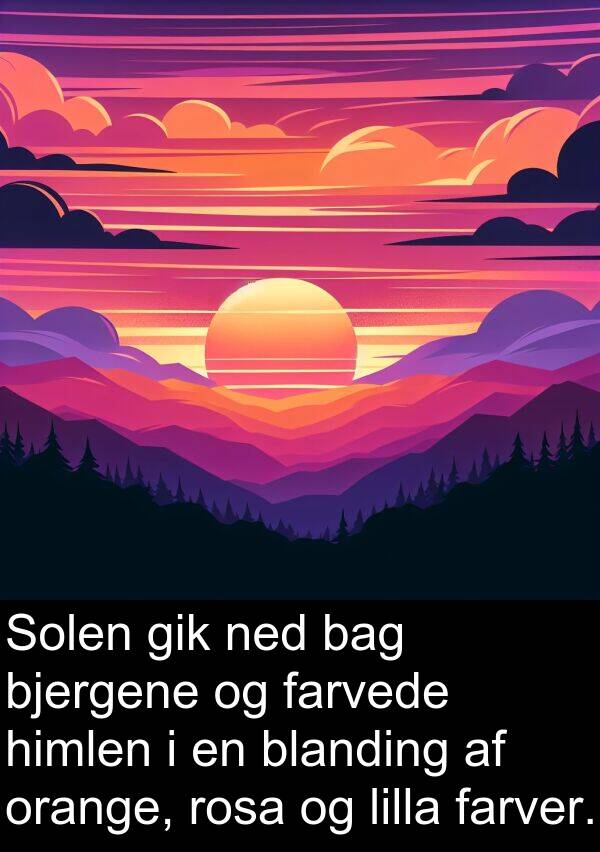 bag: Solen gik ned bag bjergene og farvede himlen i en blanding af orange, rosa og lilla farver.