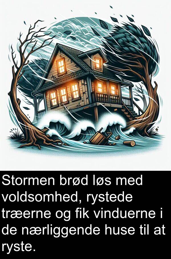 voldsomhed: Stormen brød løs med voldsomhed, rystede træerne og fik vinduerne i de nærliggende huse til at ryste.