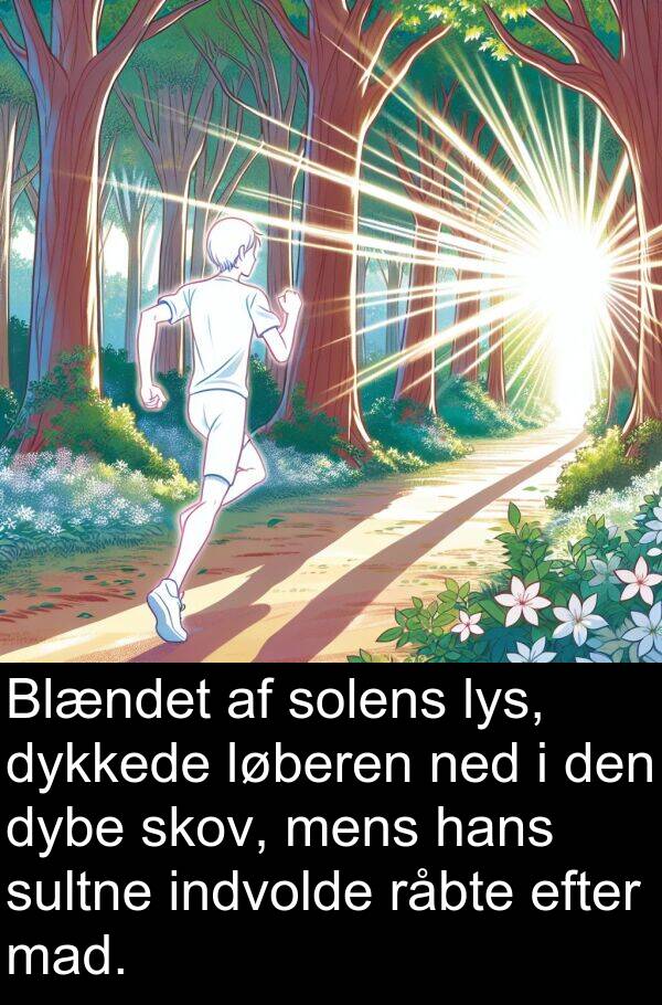 mad: Blændet af solens lys, dykkede løberen ned i den dybe skov, mens hans sultne indvolde råbte efter mad.