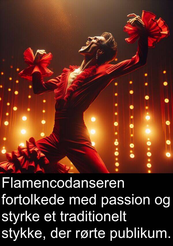 fortolkede: Flamencodanseren fortolkede med passion og styrke et traditionelt stykke, der rørte publikum.