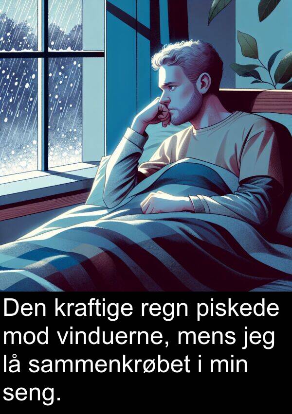 kraftige: Den kraftige regn piskede mod vinduerne, mens jeg lå sammenkrøbet i min seng.