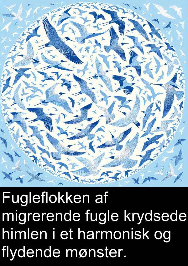 krydsede: Fugleflokken af migrerende fugle krydsede himlen i et harmonisk og flydende mønster.