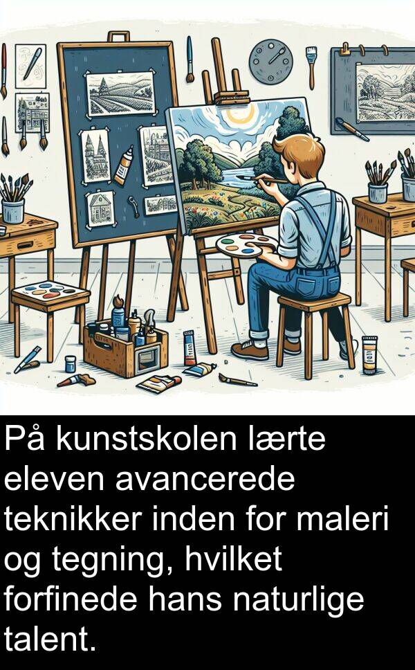 kunstskolen: På kunstskolen lærte eleven avancerede teknikker inden for maleri og tegning, hvilket forfinede hans naturlige talent.