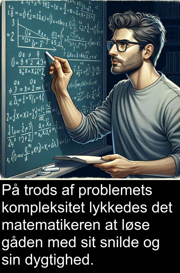 kompleksitet: På trods af problemets kompleksitet lykkedes det matematikeren at løse gåden med sit snilde og sin dygtighed.