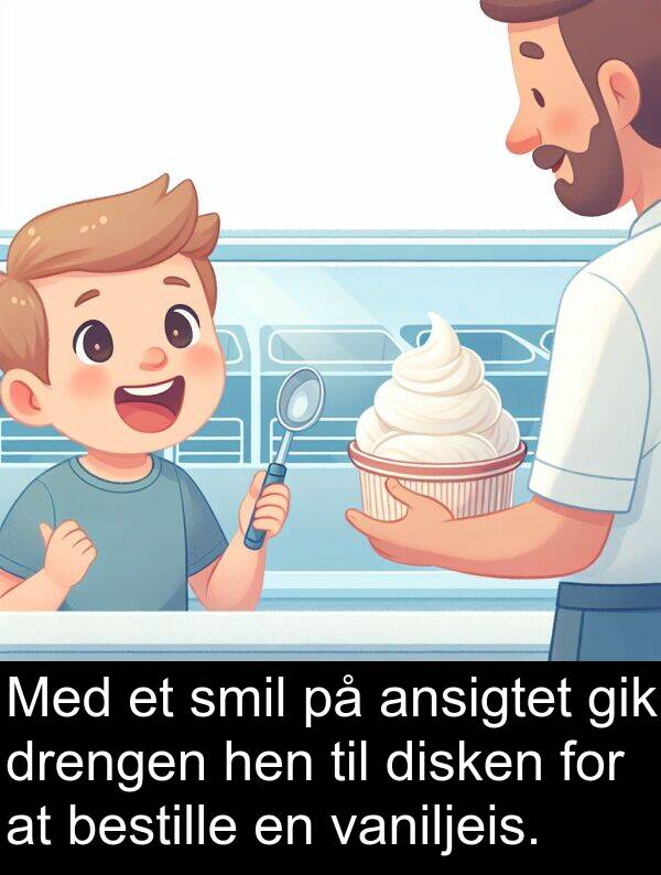 vaniljeis: Med et smil på ansigtet gik drengen hen til disken for at bestille en vaniljeis.