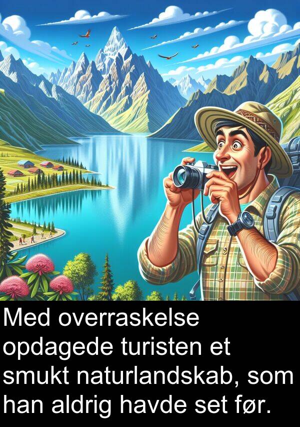 overraskelse: Med overraskelse opdagede turisten et smukt naturlandskab, som han aldrig havde set før.