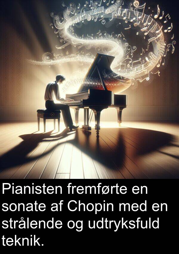 fremførte: Pianisten fremførte en sonate af Chopin med en strålende og udtryksfuld teknik.