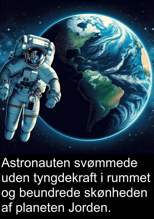 uden: Astronauten svømmede uden tyngdekraft i rummet og beundrede skønheden af planeten Jorden.