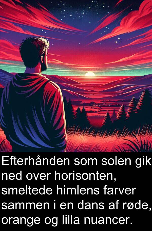 nuancer: Efterhånden som solen gik ned over horisonten, smeltede himlens farver sammen i en dans af røde, orange og lilla nuancer.
