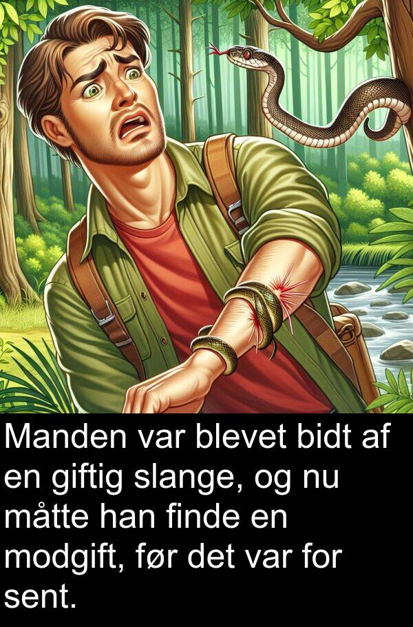 måtte: Manden var blevet bidt af en giftig slange, og nu måtte han finde en modgift, før det var for sent.