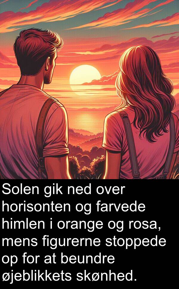 øjeblikkets: Solen gik ned over horisonten og farvede himlen i orange og rosa, mens figurerne stoppede op for at beundre øjeblikkets skønhed.