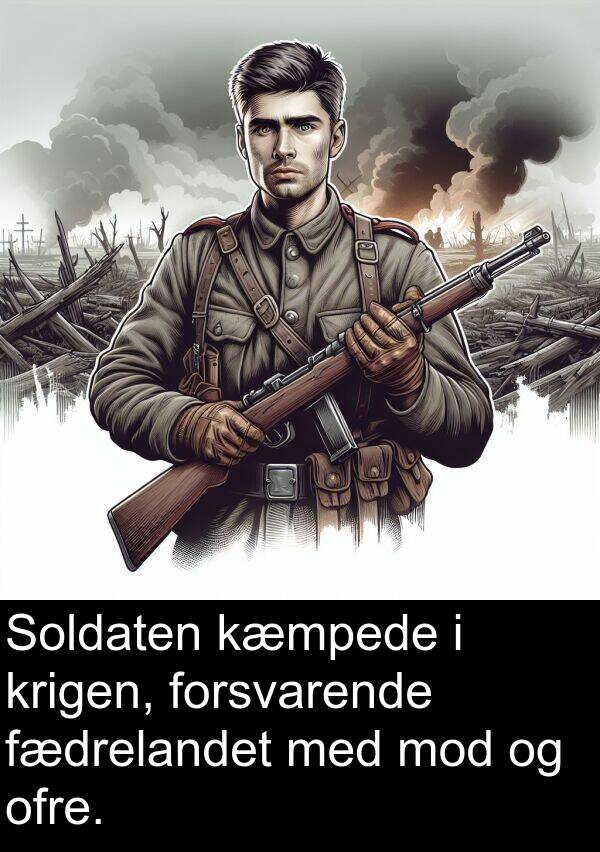 kæmpede: Soldaten kæmpede i krigen, forsvarende fædrelandet med mod og ofre.