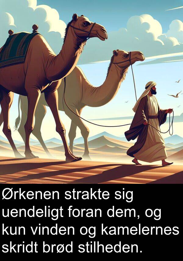 kun: Ørkenen strakte sig uendeligt foran dem, og kun vinden og kamelernes skridt brød stilheden.