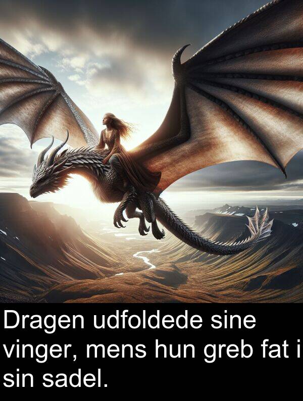 vinger: Dragen udfoldede sine vinger, mens hun greb fat i sin sadel.