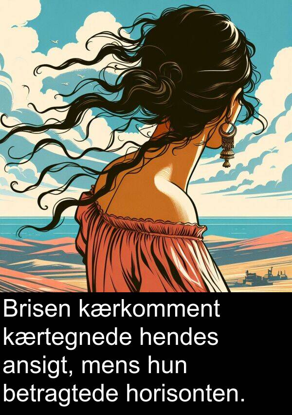 kærkomment: Brisen kærkomment kærtegnede hendes ansigt, mens hun betragtede horisonten.