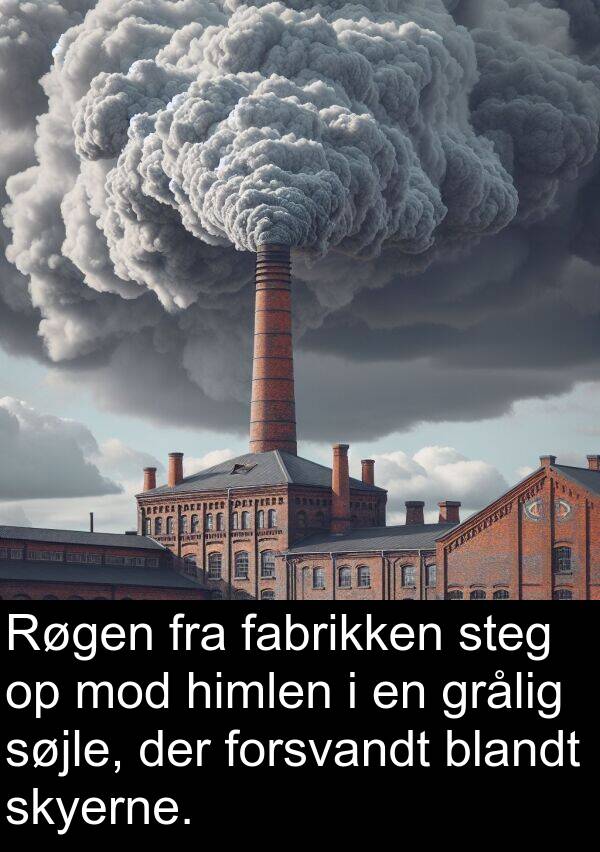 himlen: Røgen fra fabrikken steg op mod himlen i en grålig søjle, der forsvandt blandt skyerne.