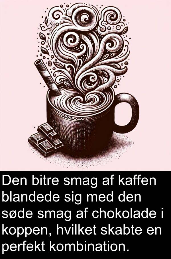 hvilket: Den bitre smag af kaffen blandede sig med den søde smag af chokolade i koppen, hvilket skabte en perfekt kombination.