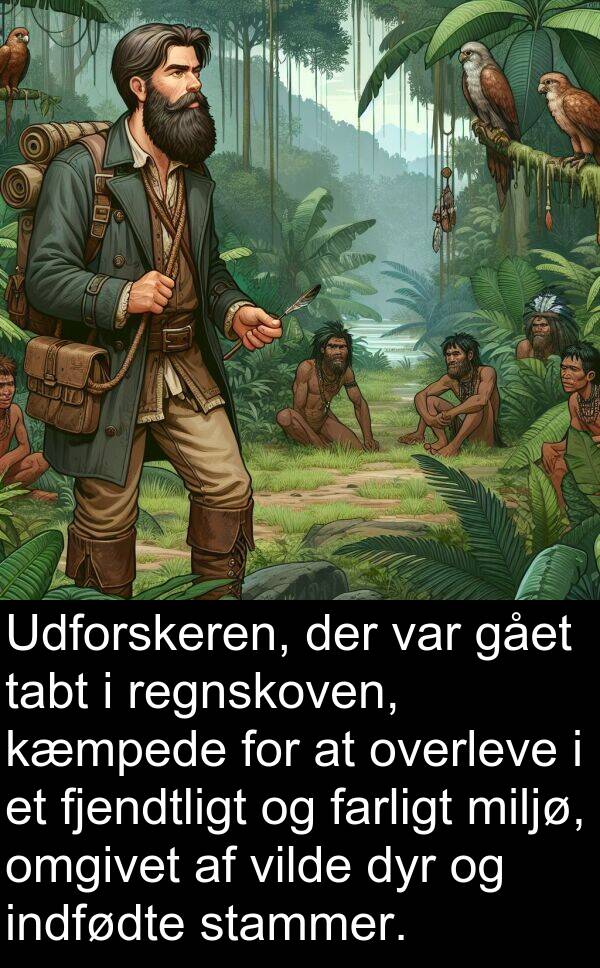 kæmpede: Udforskeren, der var gået tabt i regnskoven, kæmpede for at overleve i et fjendtligt og farligt miljø, omgivet af vilde dyr og indfødte stammer.