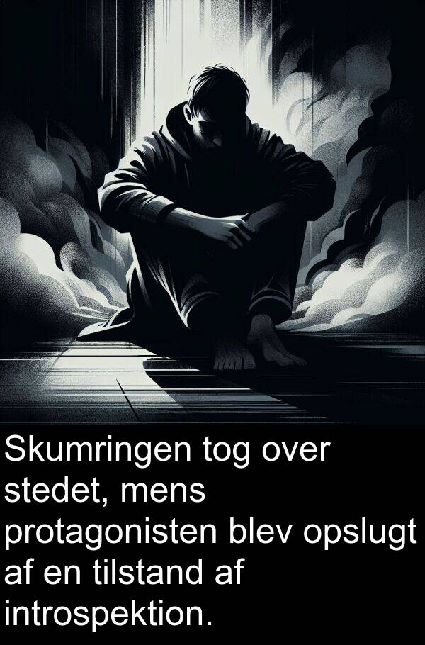 introspektion: Skumringen tog over stedet, mens protagonisten blev opslugt af en tilstand af introspektion.