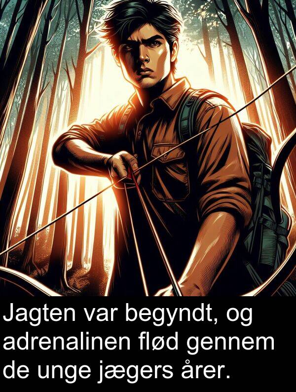 årer: Jagten var begyndt, og adrenalinen flød gennem de unge jægers årer.