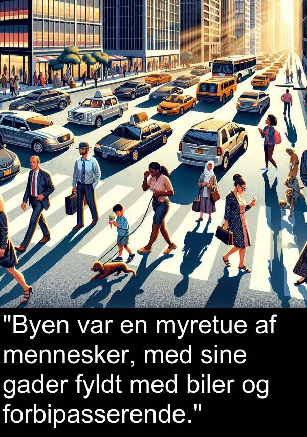myretue: "Byen var en myretue af mennesker, med sine gader fyldt med biler og forbipasserende."