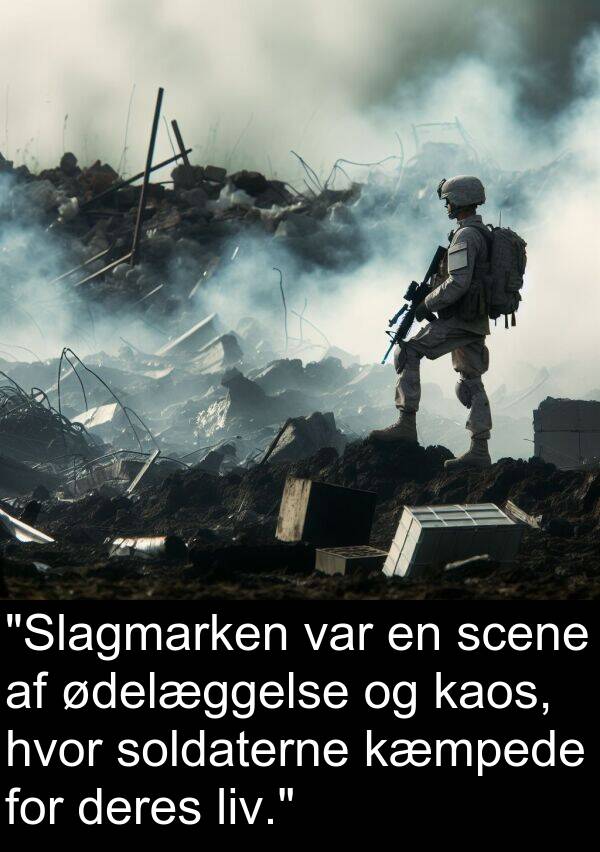 kæmpede: "Slagmarken var en scene af ødelæggelse og kaos, hvor soldaterne kæmpede for deres liv."