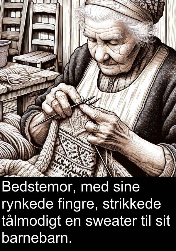 barnebarn: Bedstemor, med sine rynkede fingre, strikkede tålmodigt en sweater til sit barnebarn.